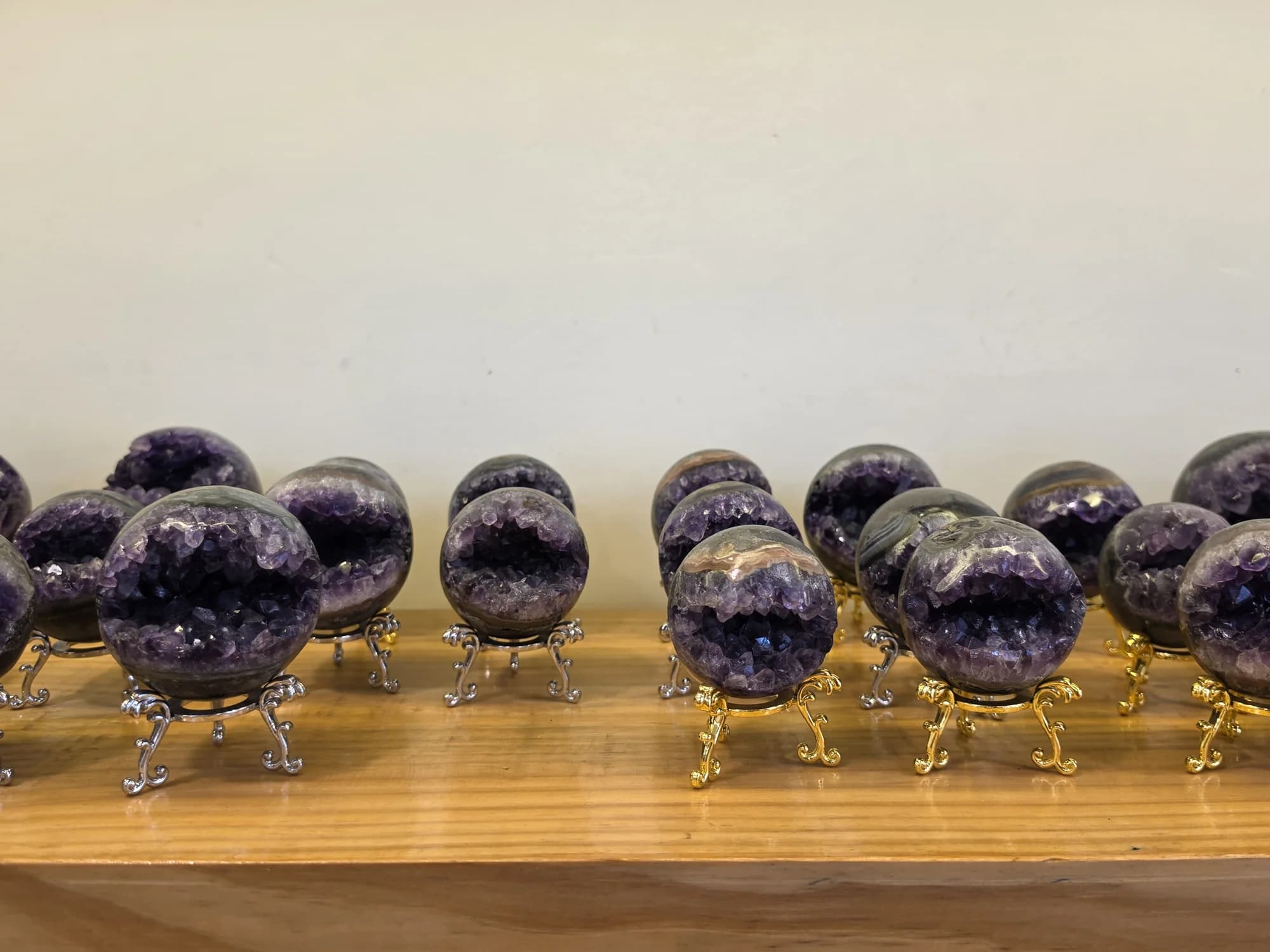 Amethyst spheres on the studio floor