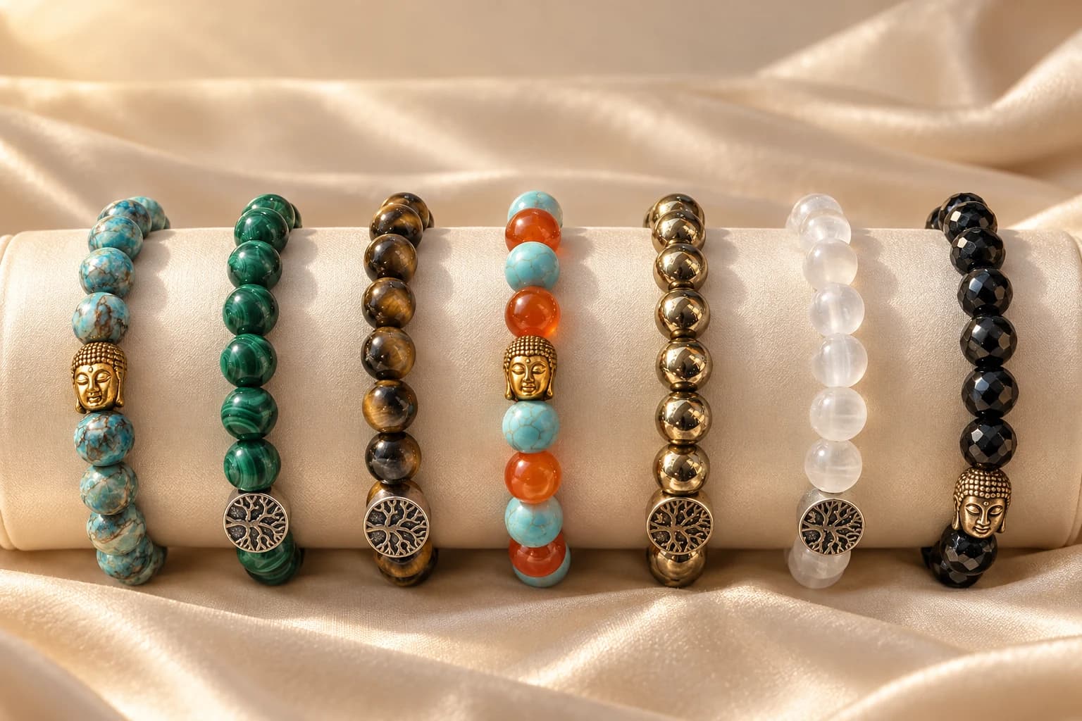 Seven bead bracelets standing on a cream satin jewellery roll