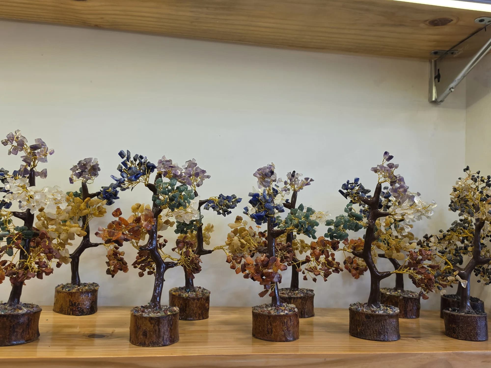 Gem trees on a shelf in the studio